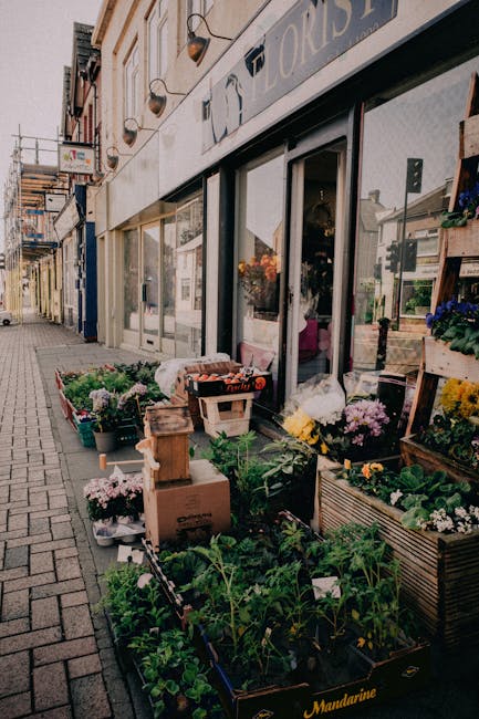 The exterior of Alperton flower shop near Alperton station, Brent, showcasing a variety of fresh flowers and plants arranged outside on the sidewalk. The display includes potted flowers with vibrant c