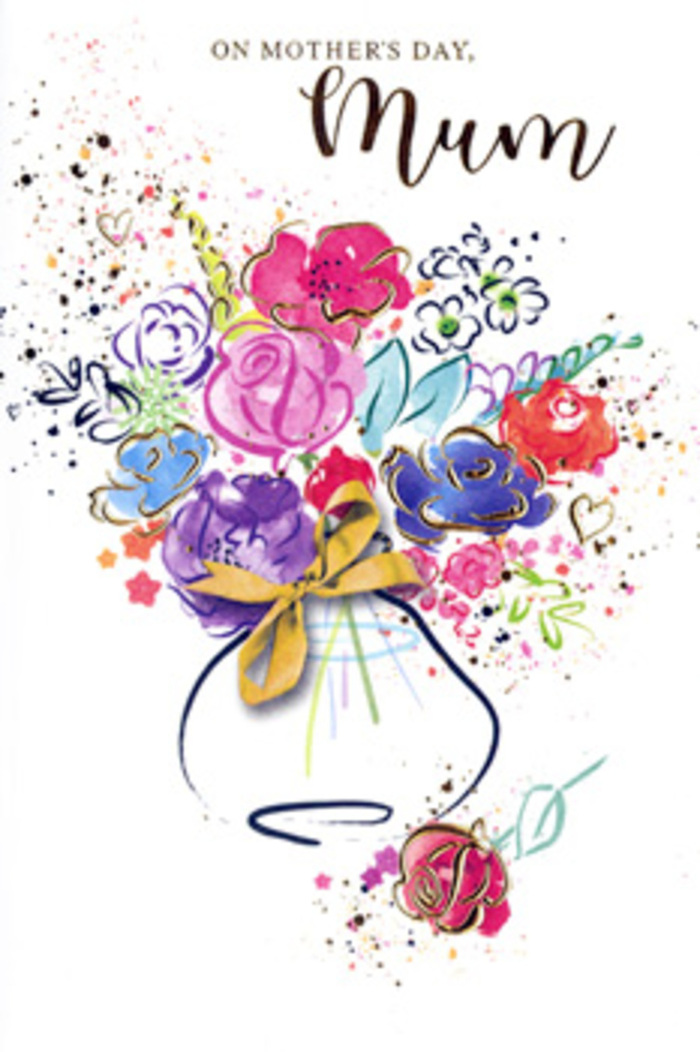 In this Mother's Day card design, a richly coloured, watercolour bouquet takes centre stage, much like a favourite arrangement on display in a Brent flower studio. At the heart of the image, plump, pink and magenta blooms blossom outward, hinted to be roses by their layered, unfolding petals, each edged with deep indigo linework that adds structure and contrast. These focal flowers are softened by airy blue and lavender blossoms painted around them, their shapes slightly blurred at the edges where the paint has merged into the textured white paper. Fine strands and dots of gold accent select petals and leaves, creating tiny streaks of light that draw the eye, similar to how metallic gift wrap or ribbon might catch the light in a bouquet destined for a home near Wembley. All the colour emerges from a pale, gently curved vase, touched here and there with shadows of blue and pink that echo the tones of the flowers above. Around the neck and base, a minimal suggestion of a ribbon bow completes the feeling of a thoughtfully prepared gift. Surrounding the bouquet are scattered flecks of pigment and soft splashes of pastel, as if the joy of giving has spilled beyond the edges of the arrangement itself. The stark white background allows the composition to feel open and contemporary, emphasising the lightness of the watercolour technique. Every brushstroke suggests affection and care, from the deep pink cores to the quiet blue accents, creating an image that speaks of gratitude, warmth, and the tender connection between mother and child in Brent.